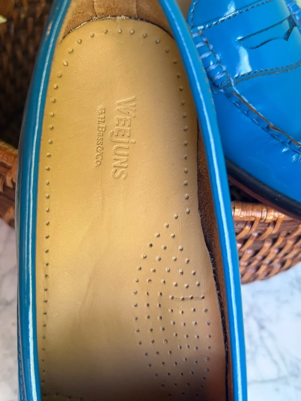 Cerulean Blue Patent Leather Bass Weejuns Penny Loafers, Size 8M - Picture 8 of 10